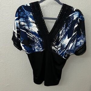 Chic Women's Blue and Black Blouse with Black Lace